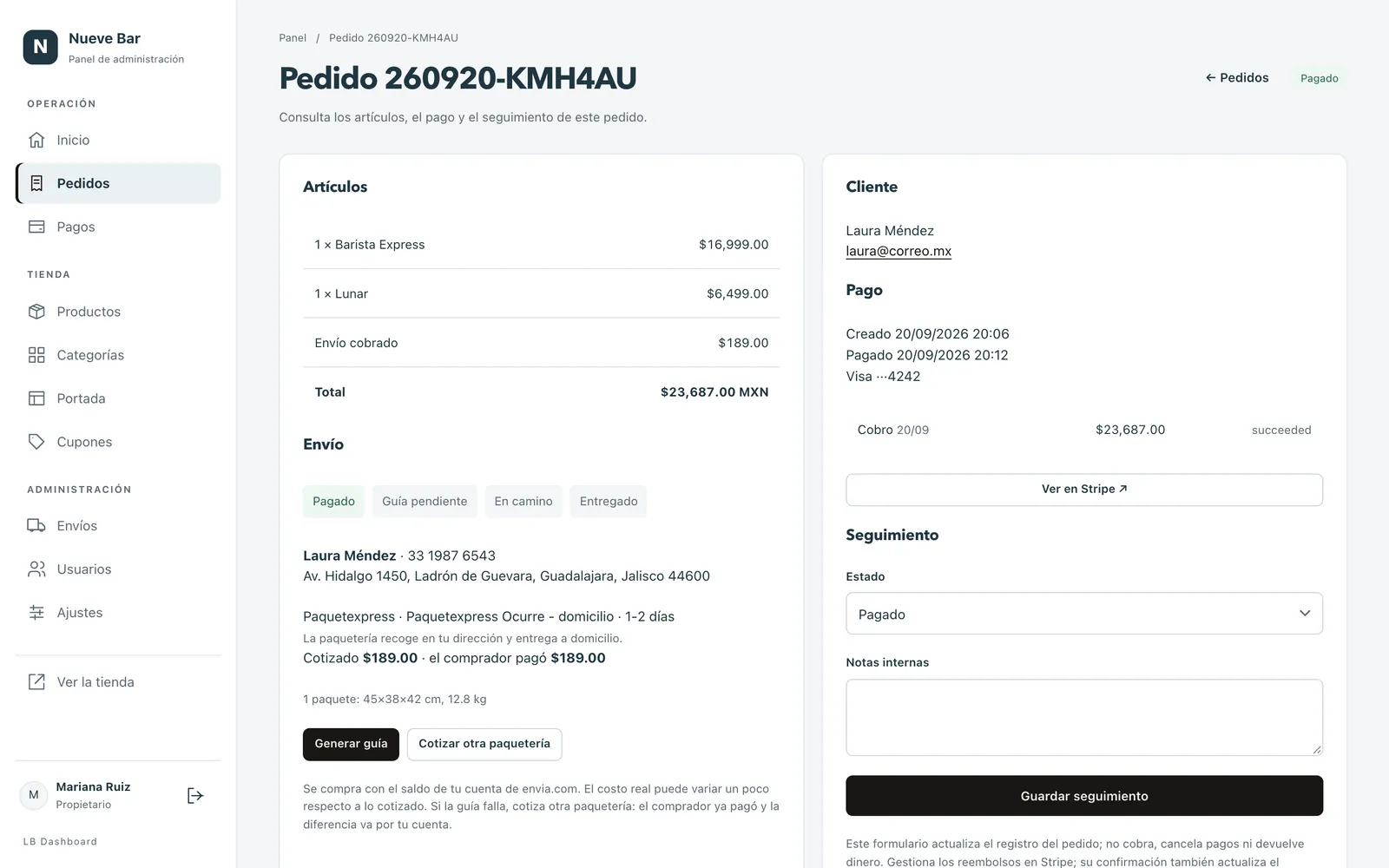 Panel: detalle del pedido con la paquetería y el botón para generar la guía