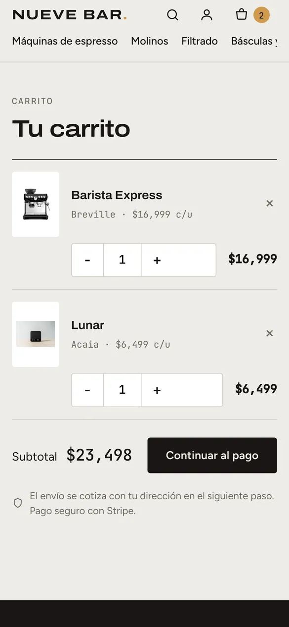 Tienda: carrito con dos productos